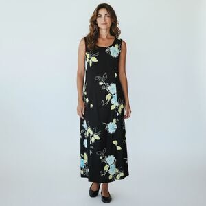 Studio 1 Black Sleeveless Maxi with Large Baby Blue & Green Flowers Size 8